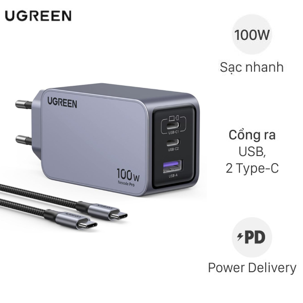 Bộ sạc Ugreen Nexode Pro X757 25874 100W kèm cáp Type-C to Type-C 1.5m