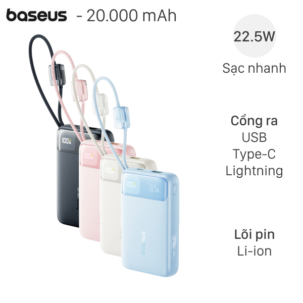 Pin sạc dự phòng Baseus EnerFill FC11 E0027S 20000mAh 22.5W kèm cáp Lightning và Type-C