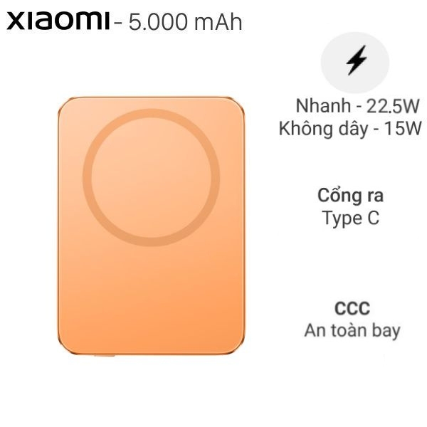 Pin sạc dự phòng 5000mAh Không dây Magnetic Type C PD 22.5W Xiaomi Ultrathin MDY-20-EB Cam