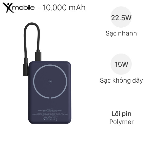 Pin sạc dự phòng Xmobile New Power P11 10000mAh 22.5W Magnetic kèm cáp Type-C