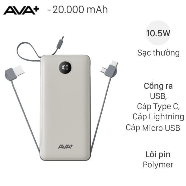 Pin sạc dự phòng AVA+ G-289 20000mAh 10.5W kèm cáp Lightning, Type-C và Micro USB