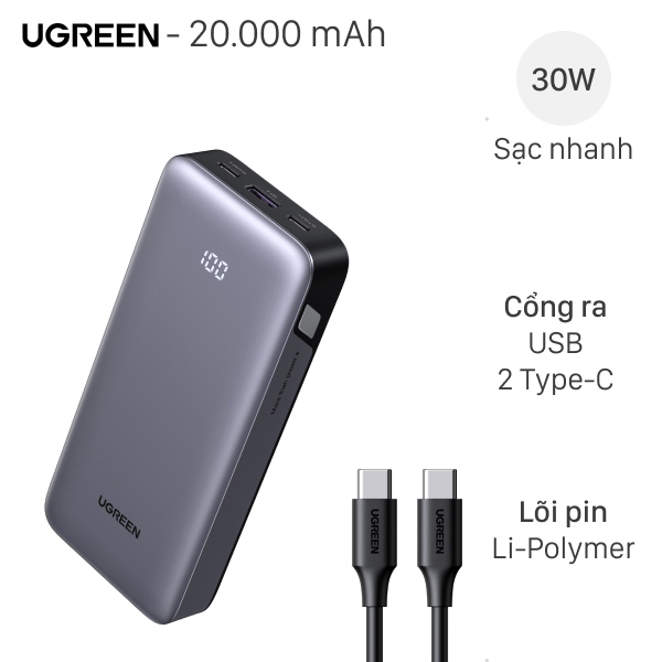 Pin sạc dự phòng Ugreen PB532 20000mAh PD QC 3.0 30W