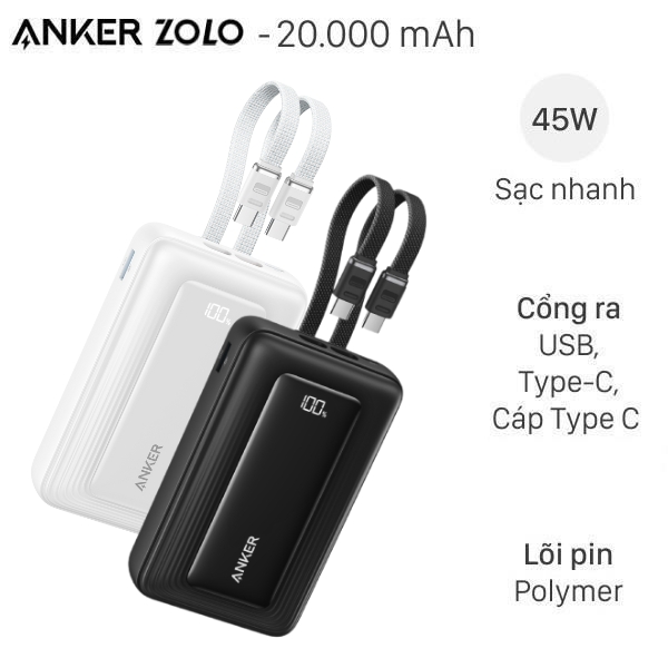 Pin sạc dự phòng Anker Zolo A1681 20000mAh 45W kèm 2 cáp Type-C