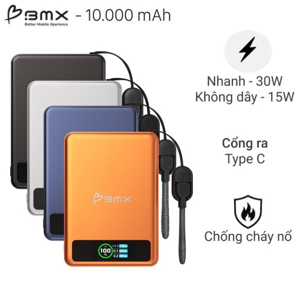 Pin sạc dự phòng BMX B939 Solid-State 10000mAh Magnetic Qi2 PD 30W kèm cáp Type C