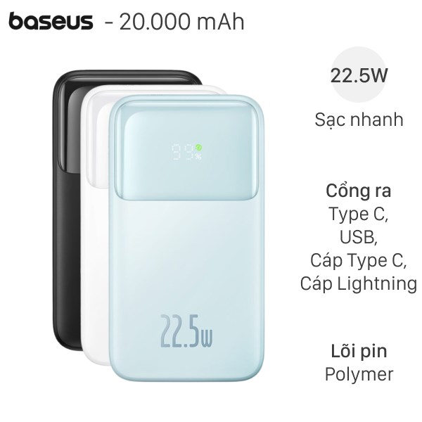 Pin sạc dự phòng Baseus Comet PPMD20 20000mAh 22.5W kèm cáp Lightning và Type-C